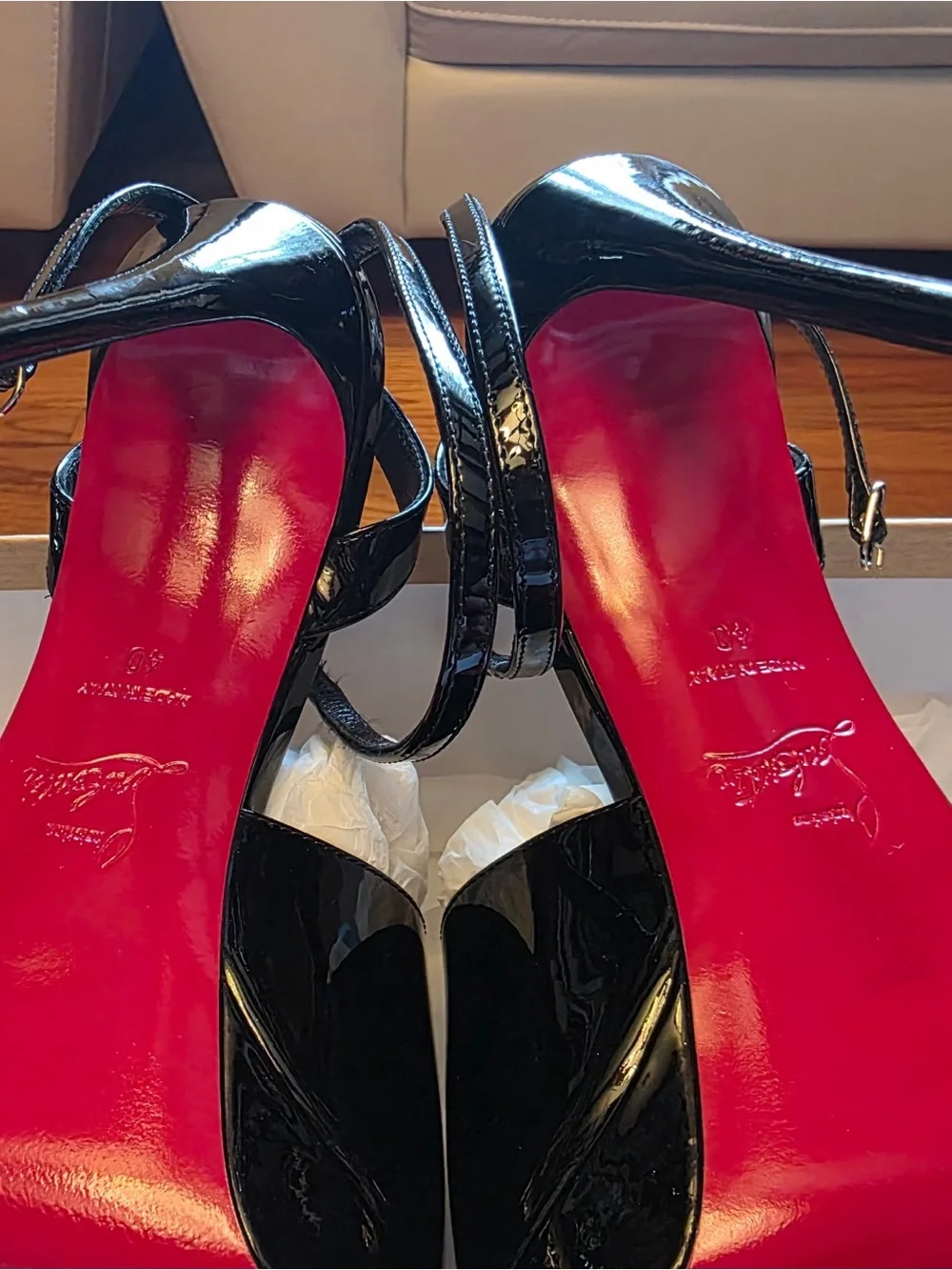 Christian Louboutin Black Patent Platform Slingback Heels with Red Sole Edge